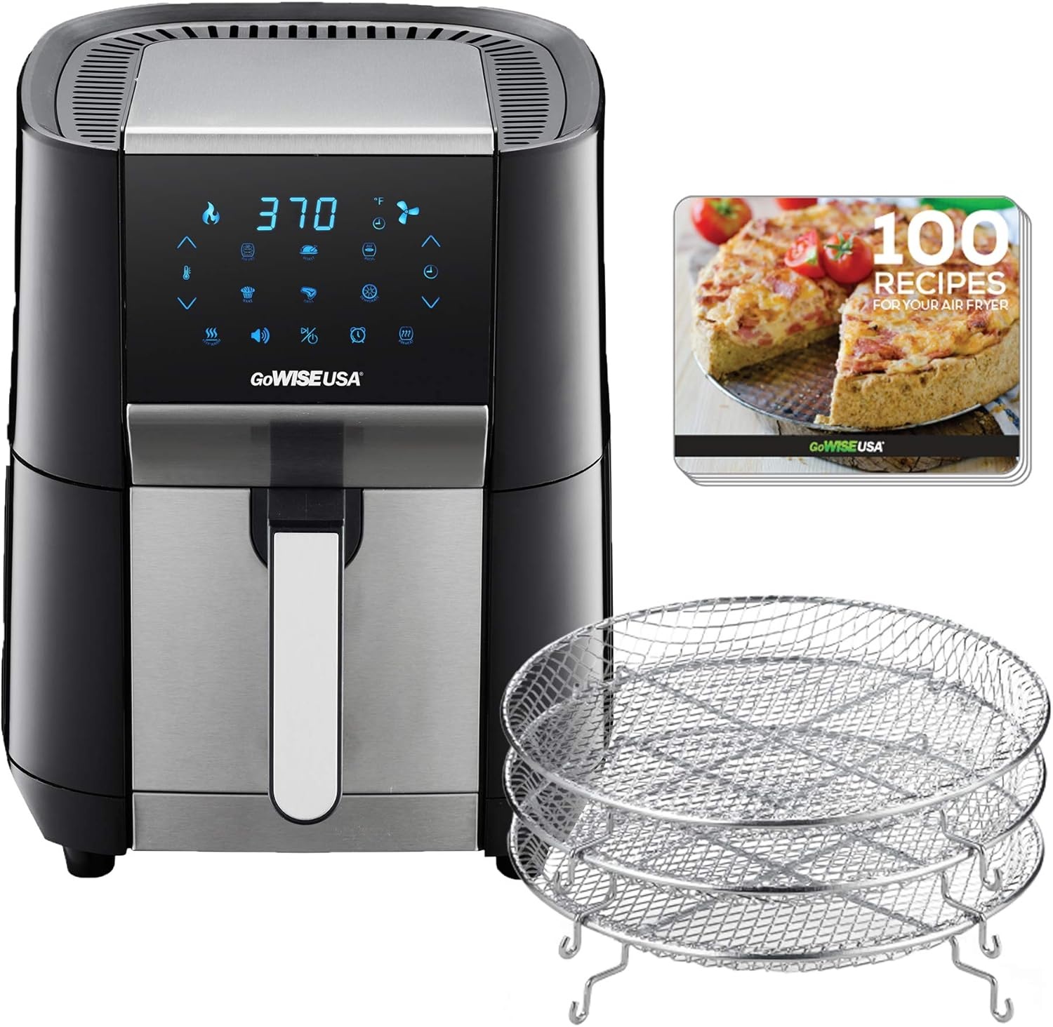 GoWISE USA 7-Quart Air Fryer & Dehydrator – with Ergonomic Touchscreen Display with Stackable Dehydrating Racks with Preheat & Broil Functions + 100 Recipes (Black/Copper))(Black/Silver)