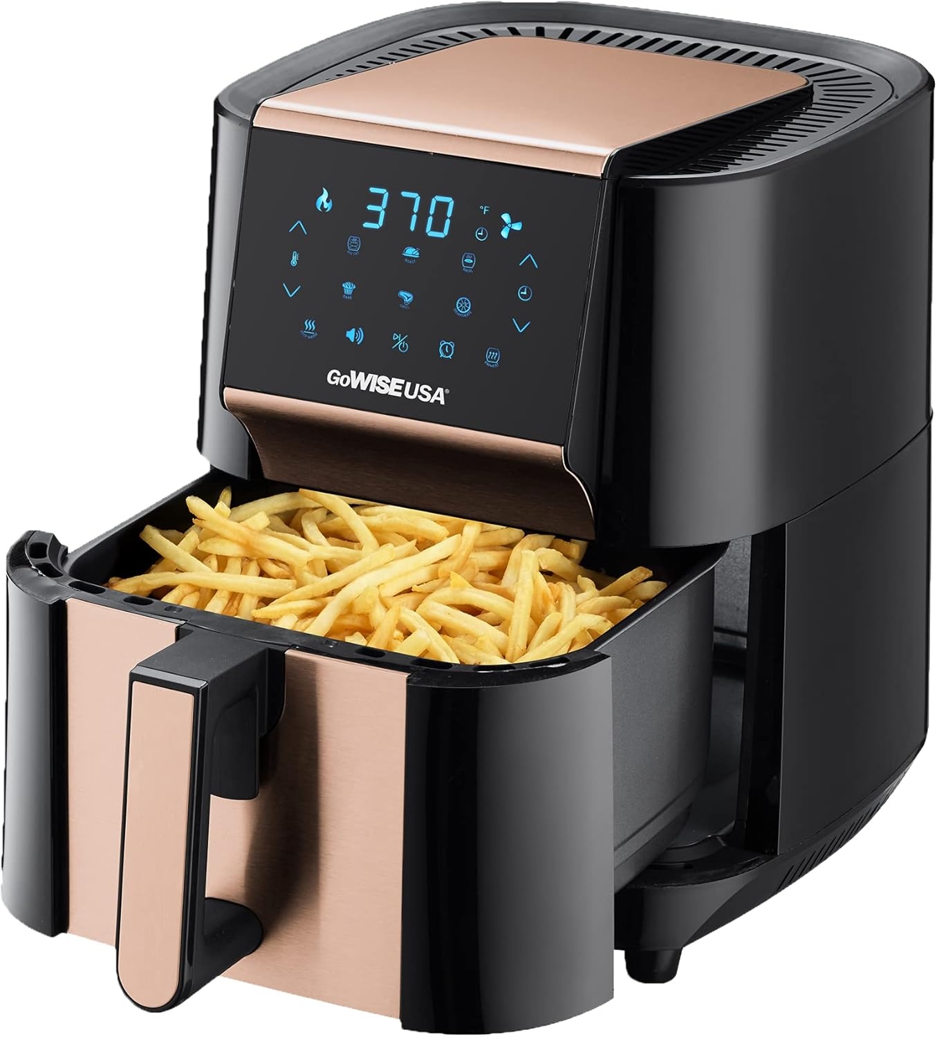 GoWISE USA 7-Quart Air Fryer & Dehydrator – with Ergonomic Touchscreen Display with Stackable Dehydrating Racks with Preheat & Broil Functions + 100 Recipes (Black/Copper))(Black/Copper)