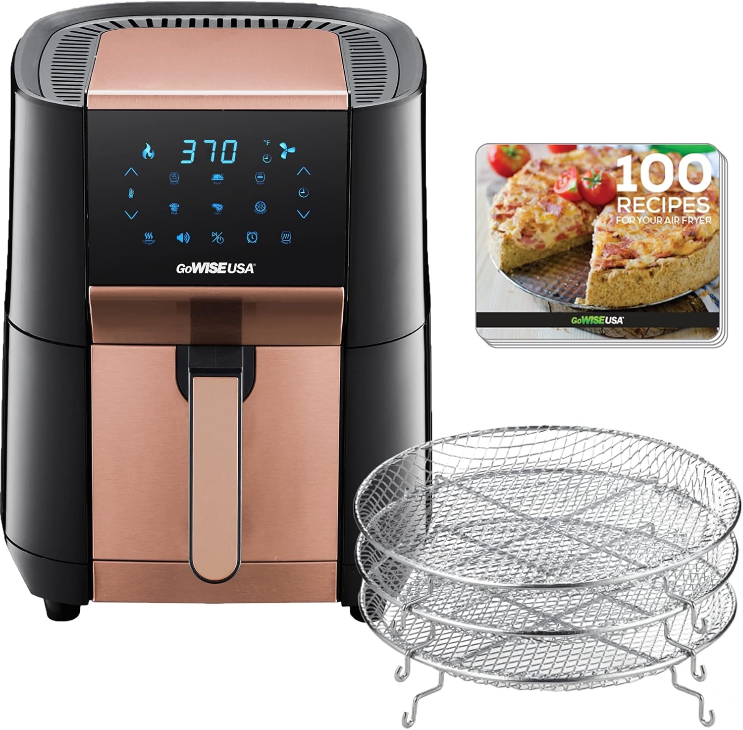 GoWISE USA 7-Quart Air Fryer & Dehydrator – with Ergonomic Touchscreen Display with Stackable Dehydrating Racks with Preheat & Broil Functions + 100 Recipes (Black/Copper))(Black/Copper)