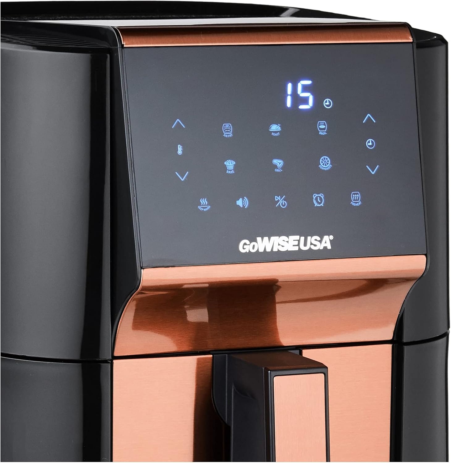 GoWISE USA 7-Quart Air Fryer & Dehydrator – with Ergonomic Touchscreen Display with Stackable Dehydrating Racks with Preheat & Broil Functions + 100 Recipes (Black/Copper))(Black/Copper)
