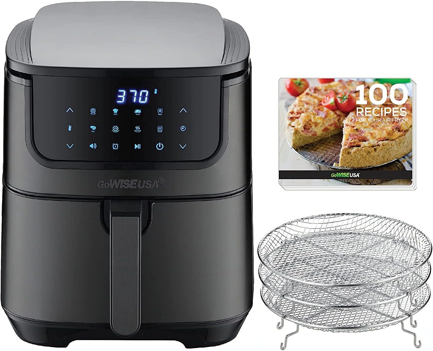GoWISE USA 7-Quart Air Fryer & Dehydrator MAX STEEL XL- with Touchscreen Display with Stackable Dehydrating Racks with Preheat & Mute Functions + 100 Recipes (Black Stainless Steel)