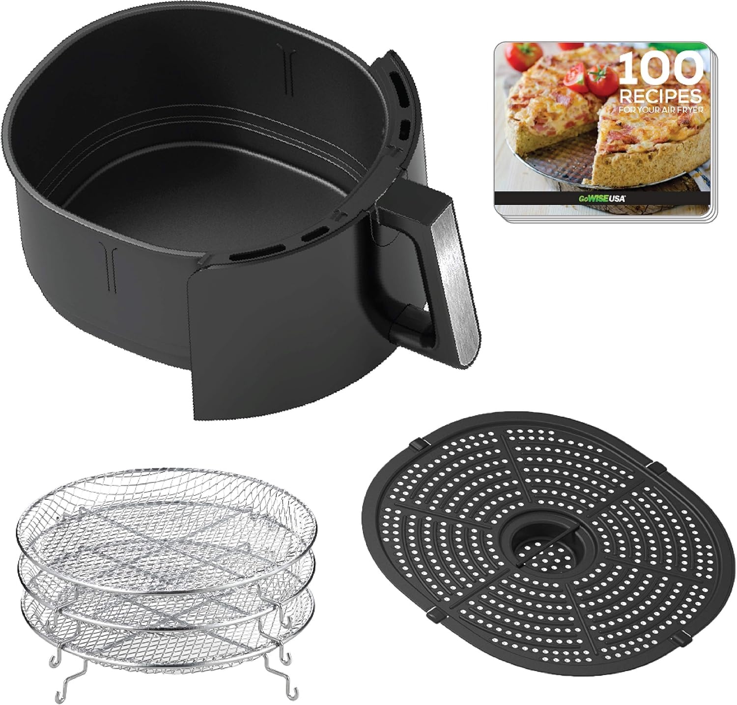GoWISE 7-Quart Electric Air Fryer with Dehydrating Function and 3 Stackable Racks + 1-Pack of Parchment Paper, LED Digital Touchscreen with 8 Functions + 100 Recipes (Black/Silver)