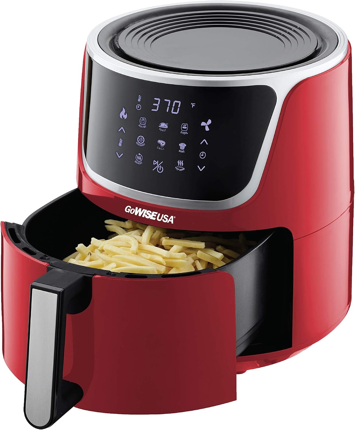 GoWISE 7-Quart Electric Air Fryer with Dehydrating Function and 3 Stackable Racks + 1-Pack of Parchment Paper, LED Digital Touchscreen with 8 Functions + 100 Recipes (Red/Silver)