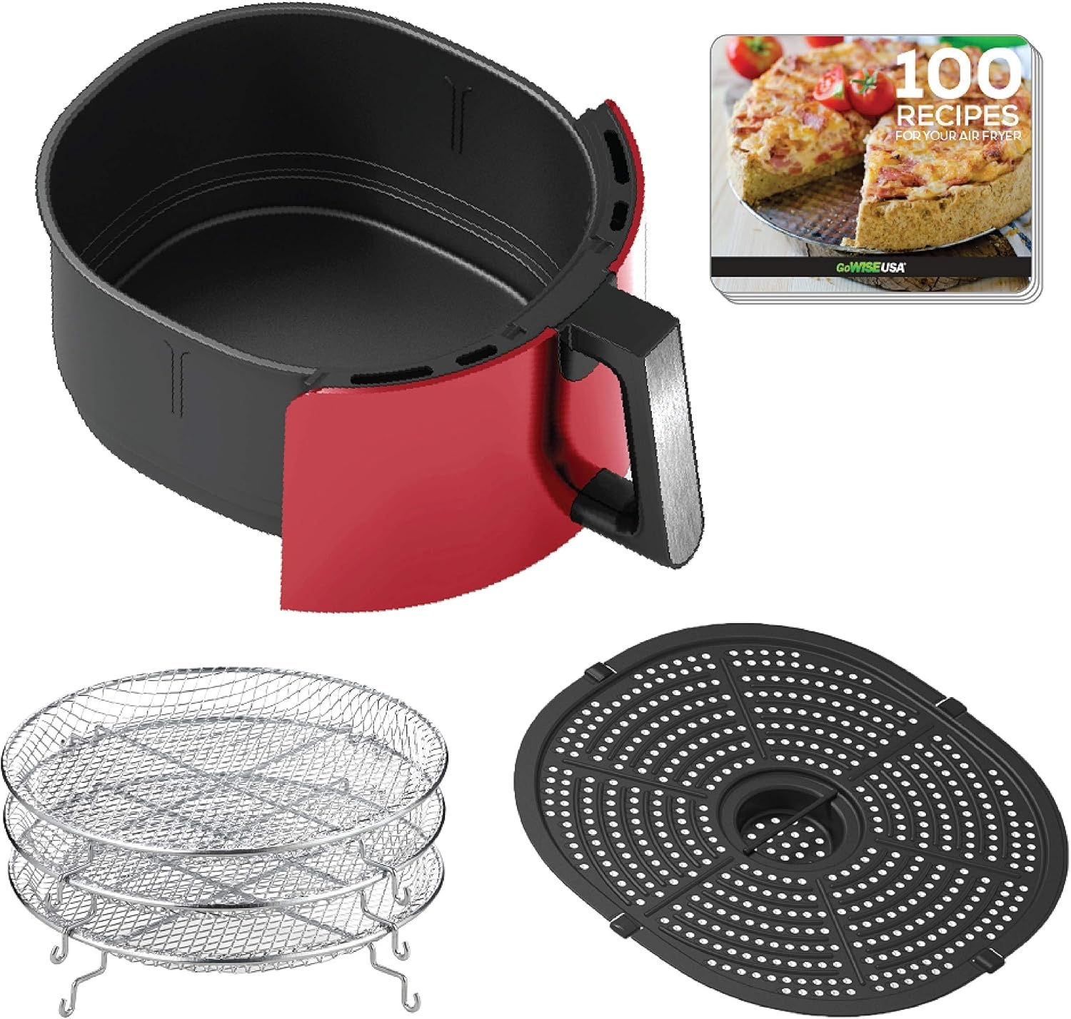 GoWISE 7-Quart Electric Air Fryer with Dehydrating Function and 3 Stackable Racks + 1-Pack of Parchment Paper, LED Digital Touchscreen with 8 Functions + 100 Recipes (Red/Silver)