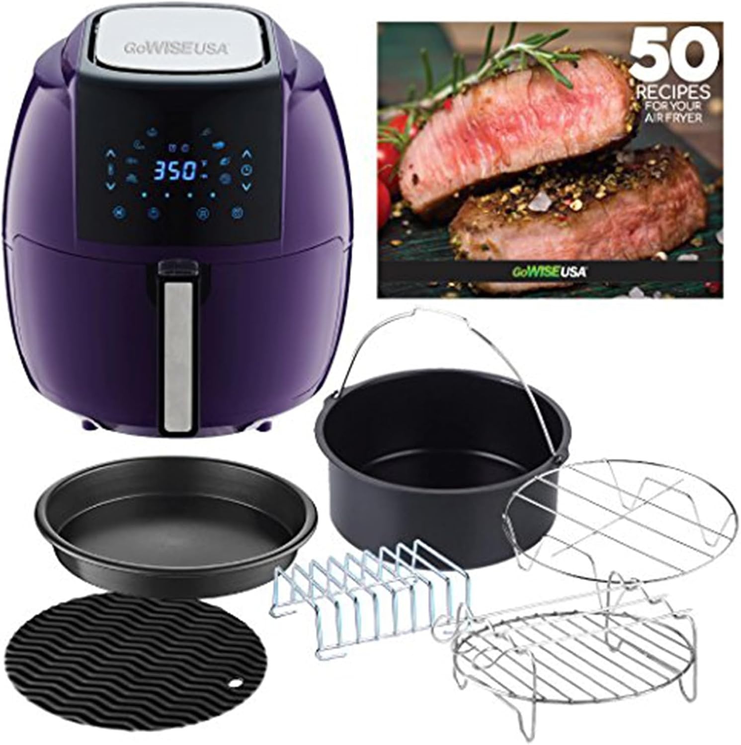 GoWISE USA GWAC22003 5.8-Quart Air Fryer with Accessories, 6 Pcs, and 8 Cooking Presets + 100 Recipes (Black), Qt(Plum + Accessories)