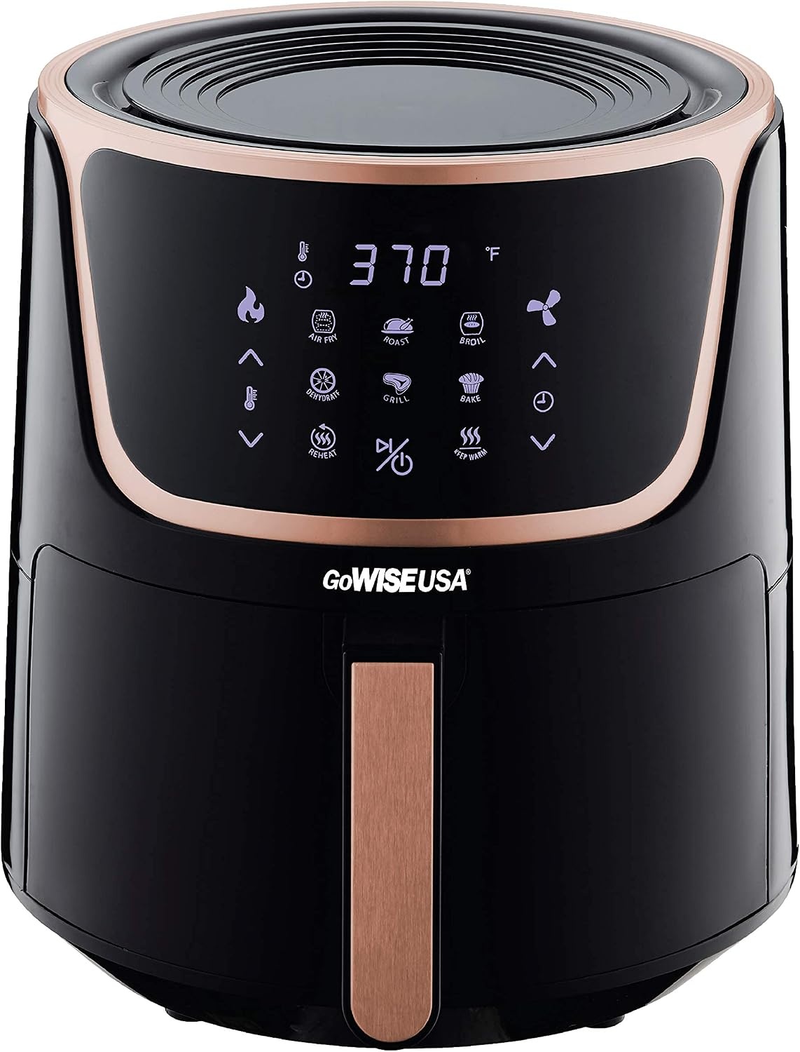 GoWISE 7-Quart Electric Air Fryer with Dehydrating Function and 3 Stackable Racks + 1-Pack of Parchment Paper, LED Digital Touchscreen with 8 Functions + 100 Recipes (Black/Copper)