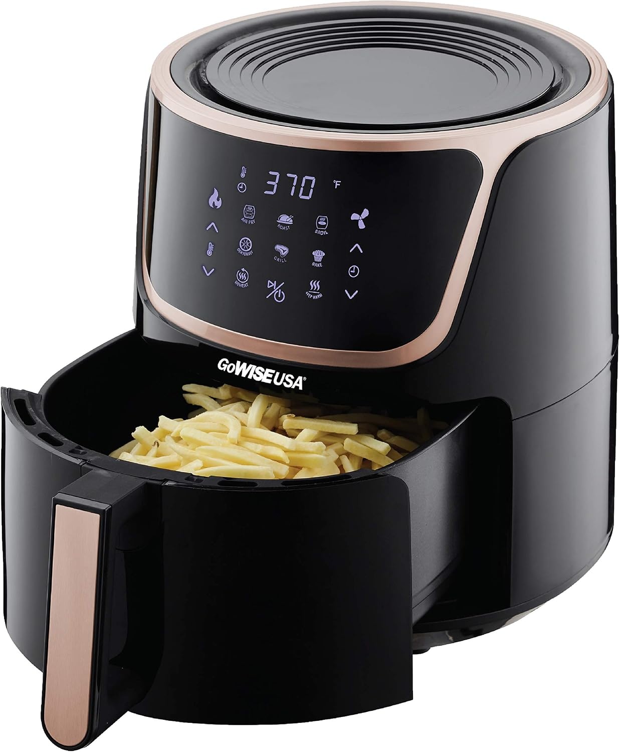 GoWISE 7-Quart Electric Air Fryer with Dehydrating Function and 3 Stackable Racks + 1-Pack of Parchment Paper, LED Digital Touchscreen with 8 Functions + 100 Recipes (Black/Copper)
