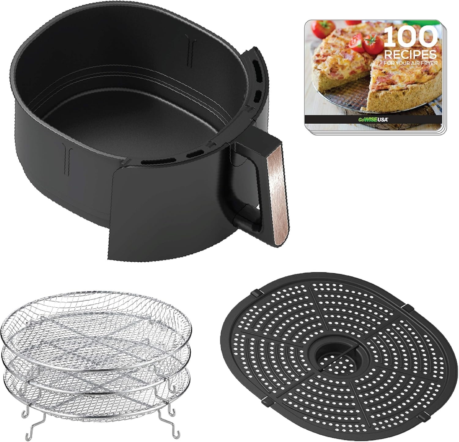 GoWISE 7-Quart Electric Air Fryer with Dehydrating Function and 3 Stackable Racks + 1-Pack of Parchment Paper, LED Digital Touchscreen with 8 Functions + 100 Recipes (Black/Copper)