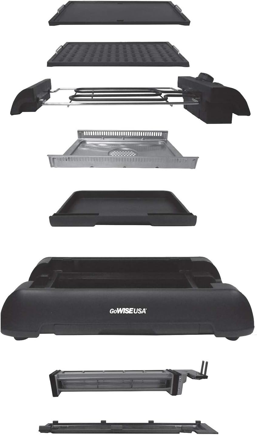 GoWISE USA GW88000 2-in-1 Smokeless Indoor Grill and Griddle with Interchangeable Plates and Removable Drip Pan + 20 Recipes (Black), Large