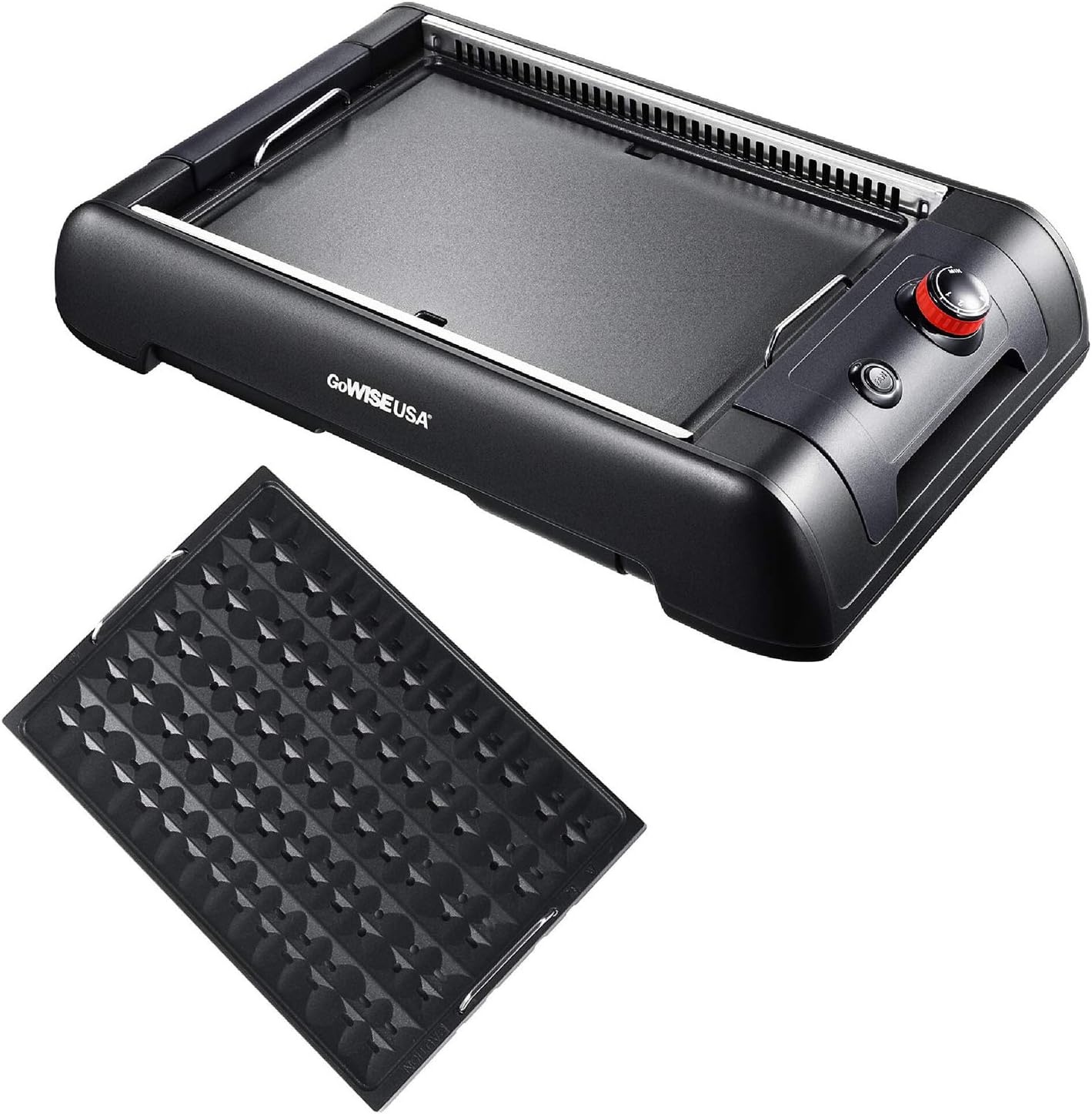 GoWISE USA GW88000 2-in-1 Smokeless Indoor Grill and Griddle with Interchangeable Plates and Removable Drip Pan + 20 Recipes (Black), Large