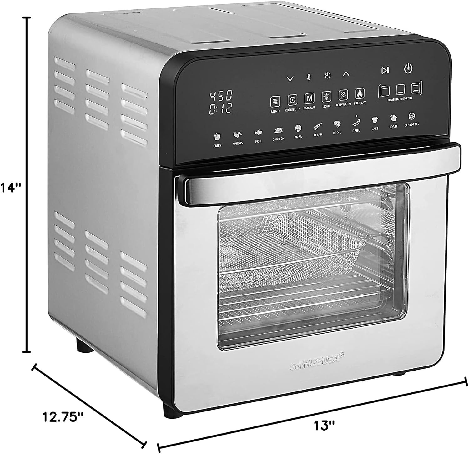 GoWISE USA GW44803 Ultra 12.7-Quart Electric Air Fryer Oven with Rotisserie and Dehydrator + 11 Accessories and 50 Recipes, Black, QT(Stainless Steel)
