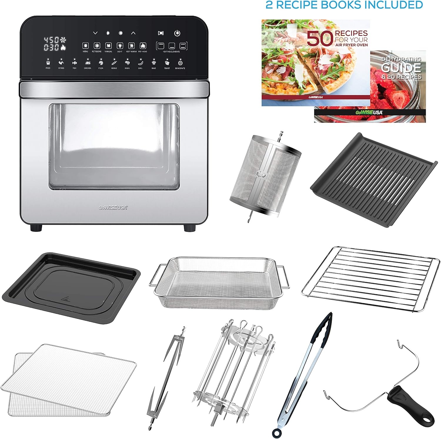 GoWISE USA GW44803 Ultra 12.7-Quart Electric Air Fryer Oven with Rotisserie and Dehydrator + 11 Accessories and 50 Recipes, Black, QT(Stainless Steel)