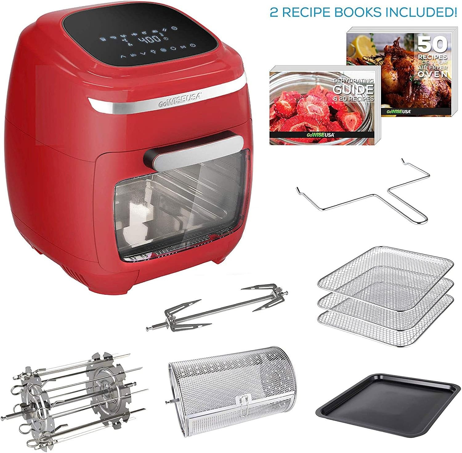 GoWISE USA 11.6-Quart Air Fryer Toaster Oven with Rotisserie & Dehydrator + 50 Recipes (Red)