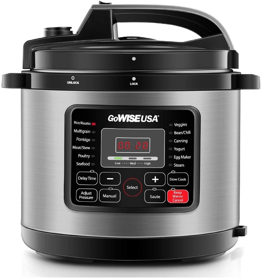 GoWISE USA GW22700 12-in-1 Multifunctional Electric Pressure Cooker with Measuring Cup, Spoon, and Stainless-Steel Steam Rack and Basket, 6-QT(Stainless Steel)
