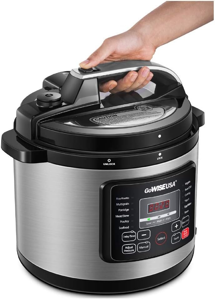 GoWISE USA GW22700 12-in-1 Multifunctional Electric Pressure Cooker with Measuring Cup, Spoon, and Stainless-Steel Steam Rack and Basket, 6-QT(Stainless Steel)