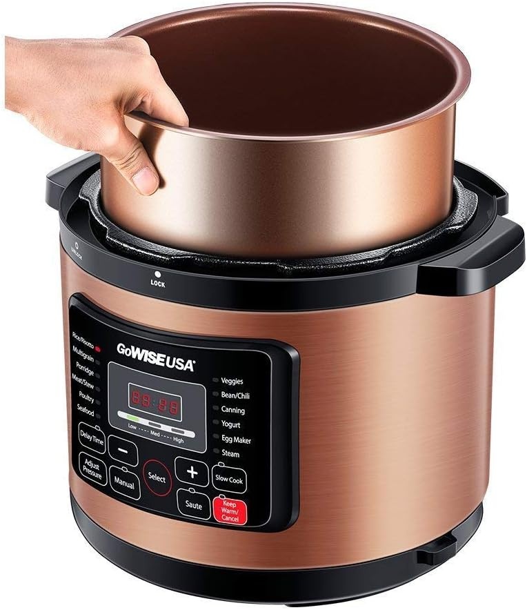 GoWISE USA GW22712 12-in-1 Multi-Use Electric Pressure Cooker with Stainless Steel Pot Measuring Cup, Spoon, Steam Rack and Basket, 8-Qt(Copper)