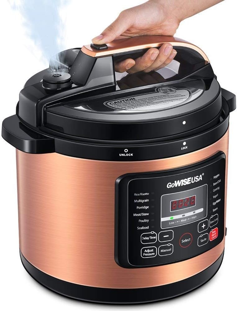 GoWISE USA GW22712 12-in-1 Multi-Use Electric Pressure Cooker with Stainless Steel Pot Measuring Cup, Spoon, Steam Rack and Basket, 8-Qt(Copper)