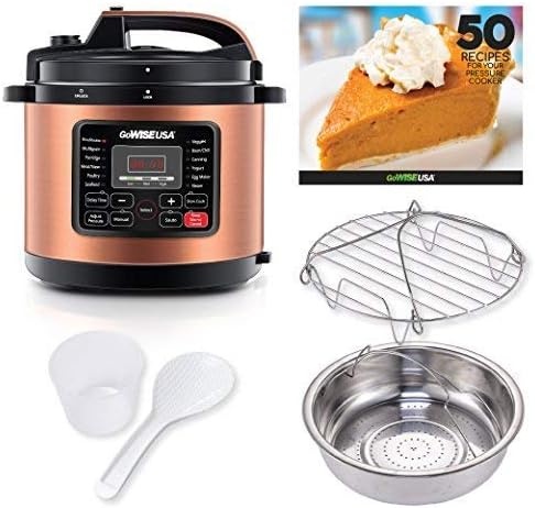 GoWISE USA GW22700 12-in-1 Multifunctional Electric Pressure Cooker with Measuring Cup, Spoon, and Stainless-Steel Steam Rack and Basket, 6-QT(Copper)
