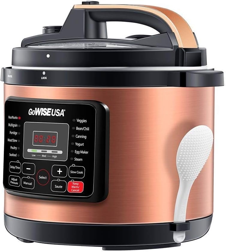 GoWISE USA GW22700 12-in-1 Multifunctional Electric Pressure Cooker with Measuring Cup, Spoon, and Stainless-Steel Steam Rack and Basket, 6-QT(Copper)