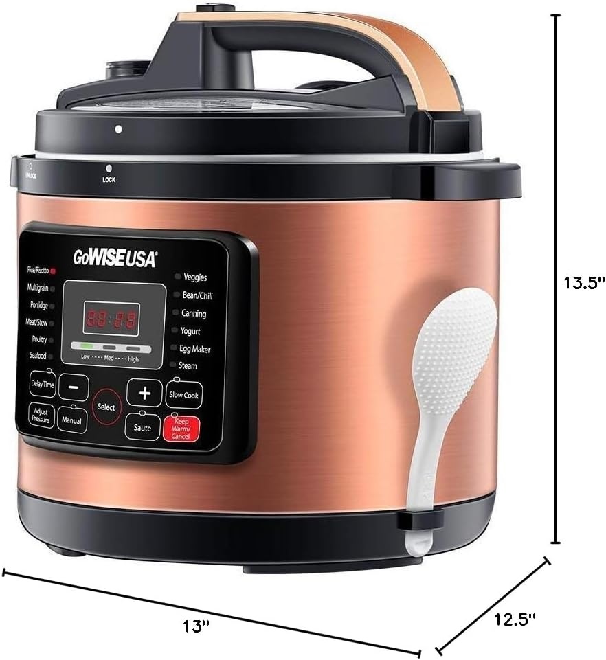 GoWISE USA GW22700 12-in-1 Multifunctional Electric Pressure Cooker with Measuring Cup, Spoon, and Stainless-Steel Steam Rack and Basket, 6-QT(Copper)