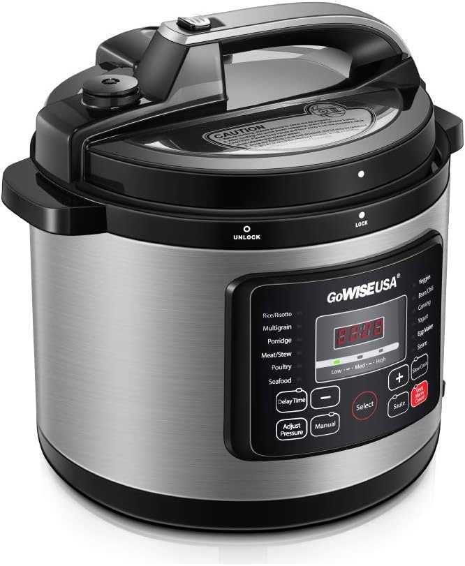 GoWISE USA GW22712 12-in-1 Multi-Use Electric Pressure Cooker with Stainless Steel Pot Measuring Cup, Spoon, Steam Rack and Basket, 8-Qt(Stainless Steel)