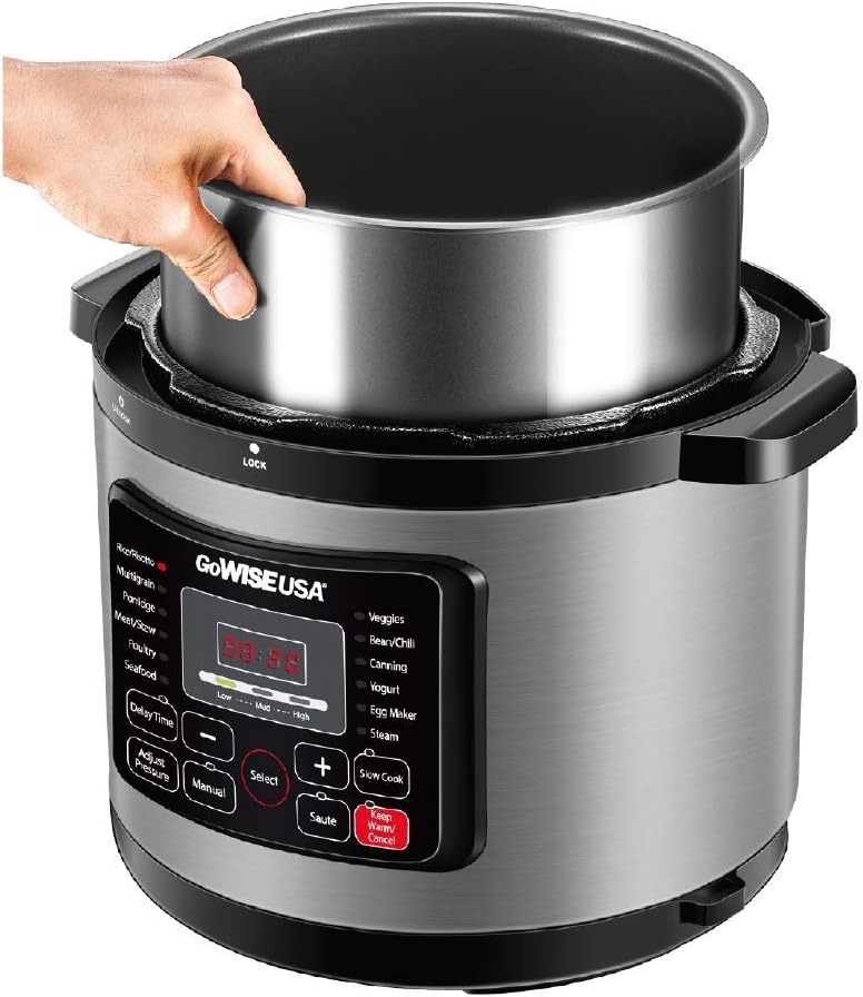 GoWISE USA GW22712 12-in-1 Multi-Use Electric Pressure Cooker with Stainless Steel Pot Measuring Cup, Spoon, Steam Rack and Basket, 8-Qt(Stainless Steel)