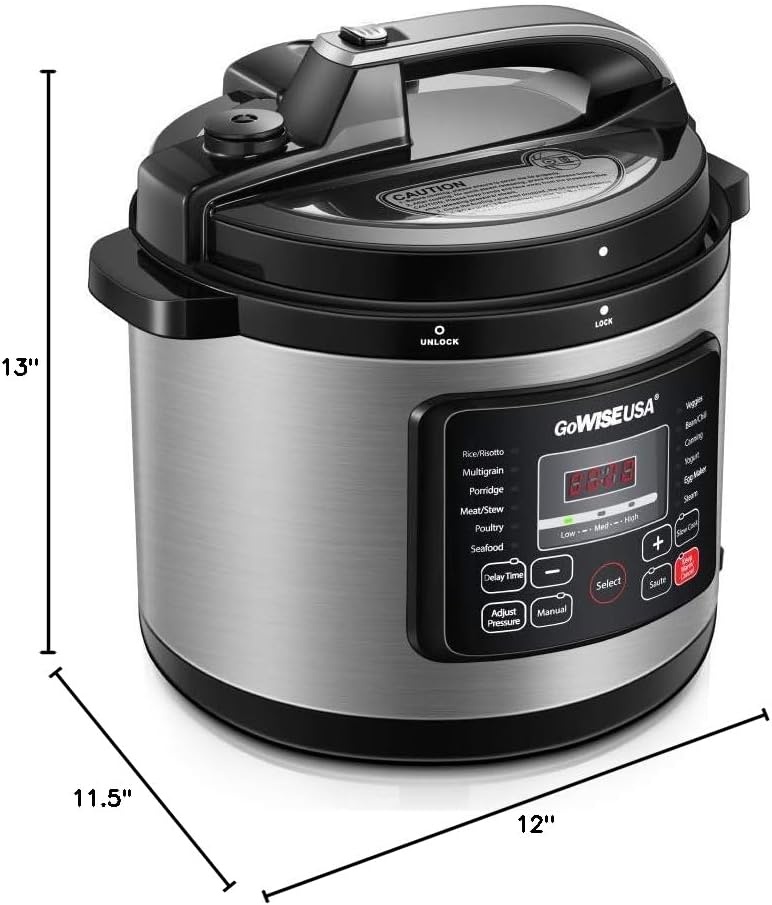 GoWISE USA GW22712 12-in-1 Multi-Use Electric Pressure Cooker with Stainless Steel Pot Measuring Cup, Spoon, Steam Rack and Basket, 8-Qt(Stainless Steel)