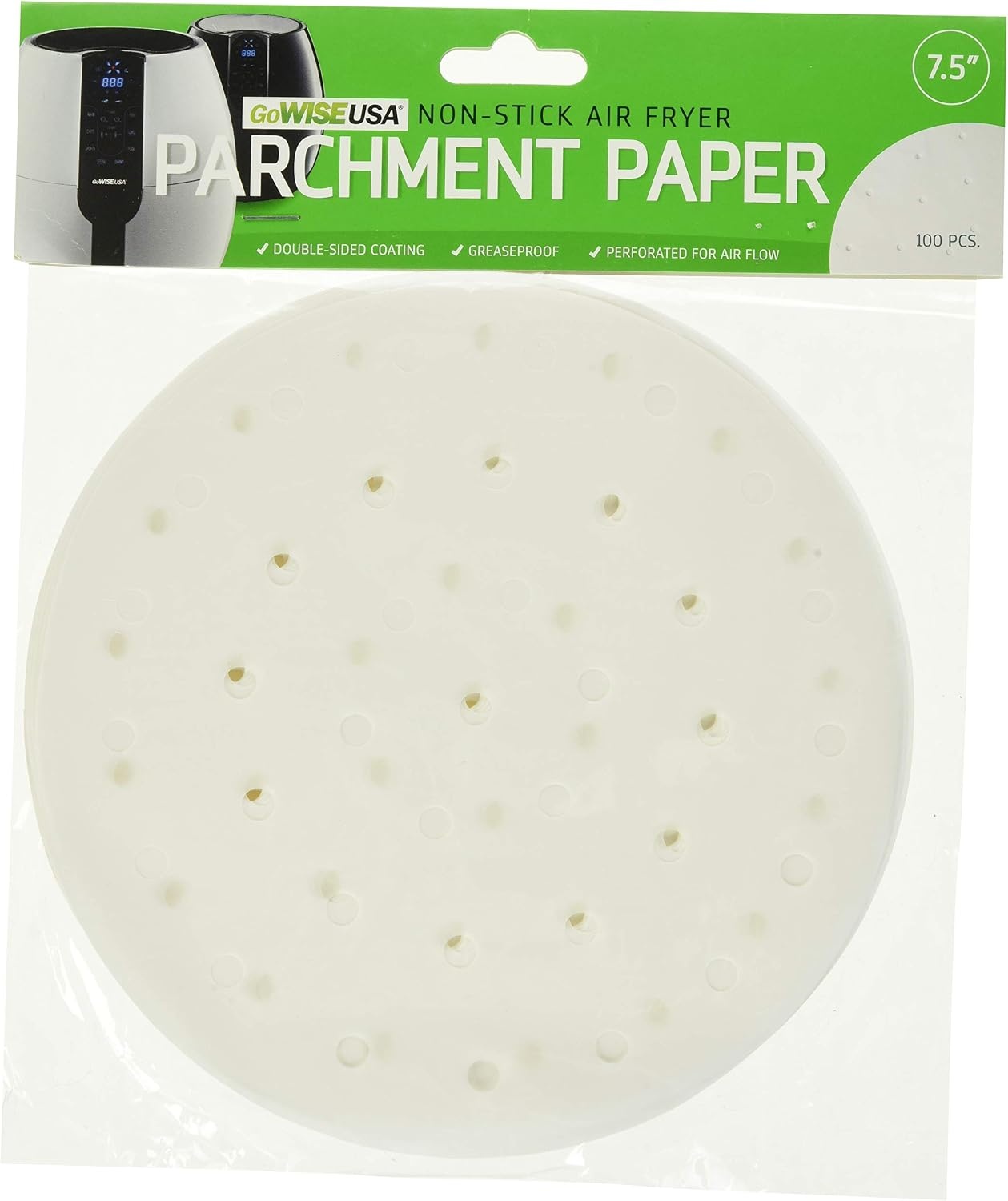 GoWISE USA Perforated Parchment Non-Stick Air Fryer Liners for Air Fryers, Steaming, Dumplings – 100 Pcs (7.5 Inches)