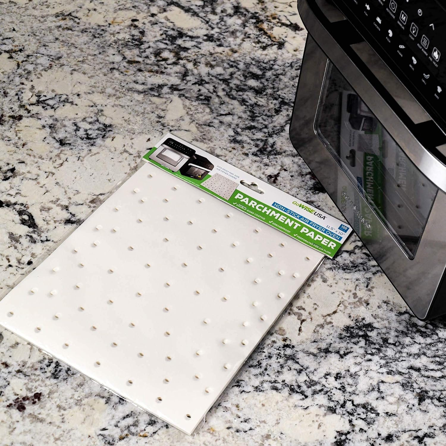 GoWISE USA GWA0011 Perforated Parchment Non-Stick Liners for Air Fryer Toaster Ovens, Dehydrators, Steaming, Dumplings-100 Pcs, 11.5 x 10 inches, White